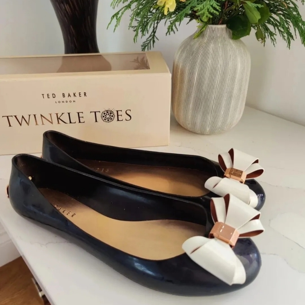 TED BAKER Bow Flats Slip On Shoes Ballerina Pumps UK6 EU439 Black Cream £55 - Picture 1 of 11